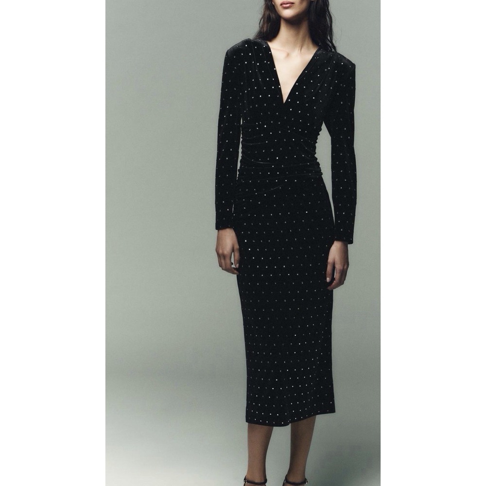 Zara Black Velvet Sparkly Midi Dress Witchy Whimsigoth Holiday